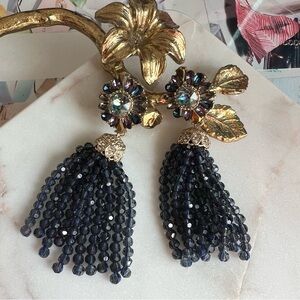 Gold tone Floral and Navy blue beaded Tassel Earrings